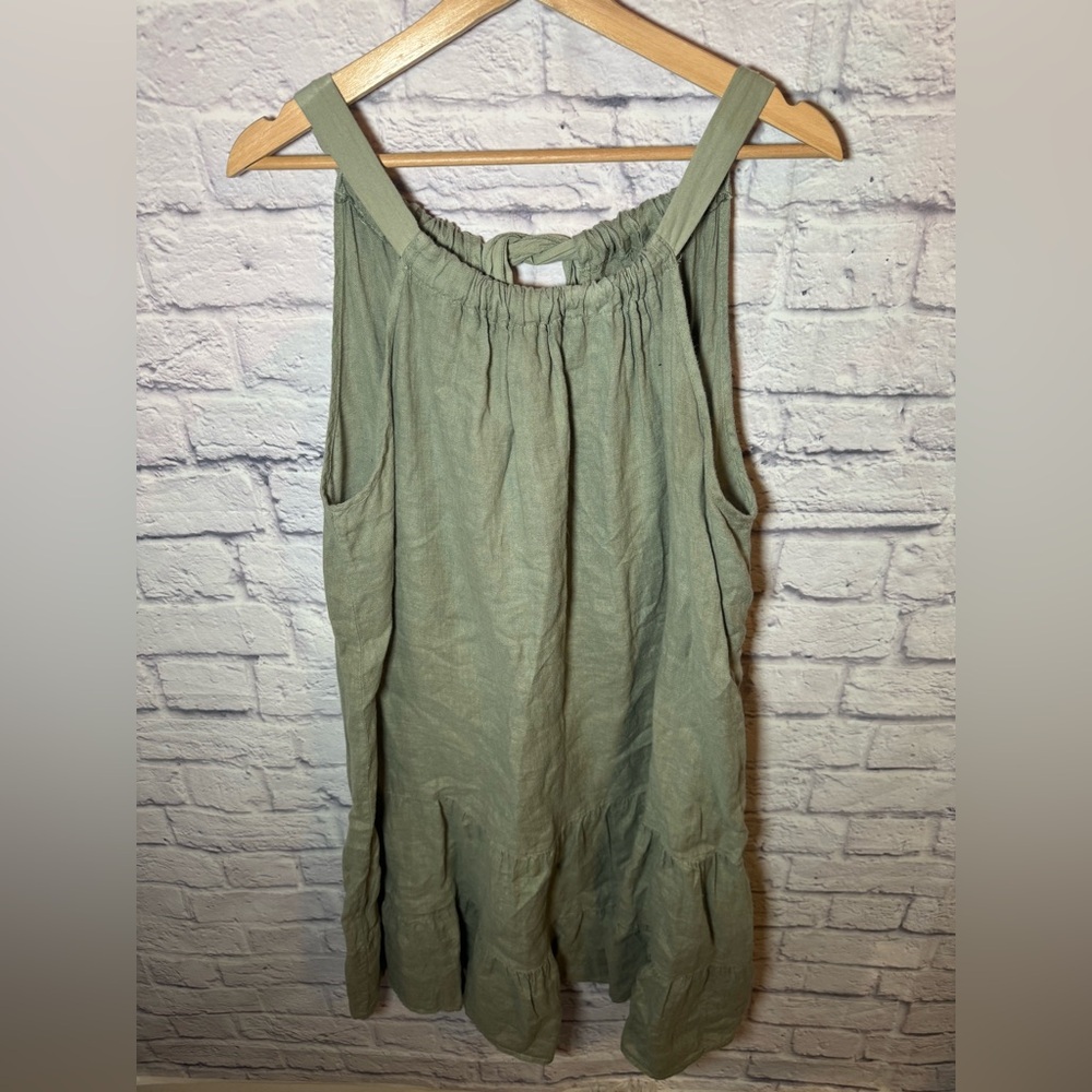Linen Sage Midi Dress with Gathered Neckline